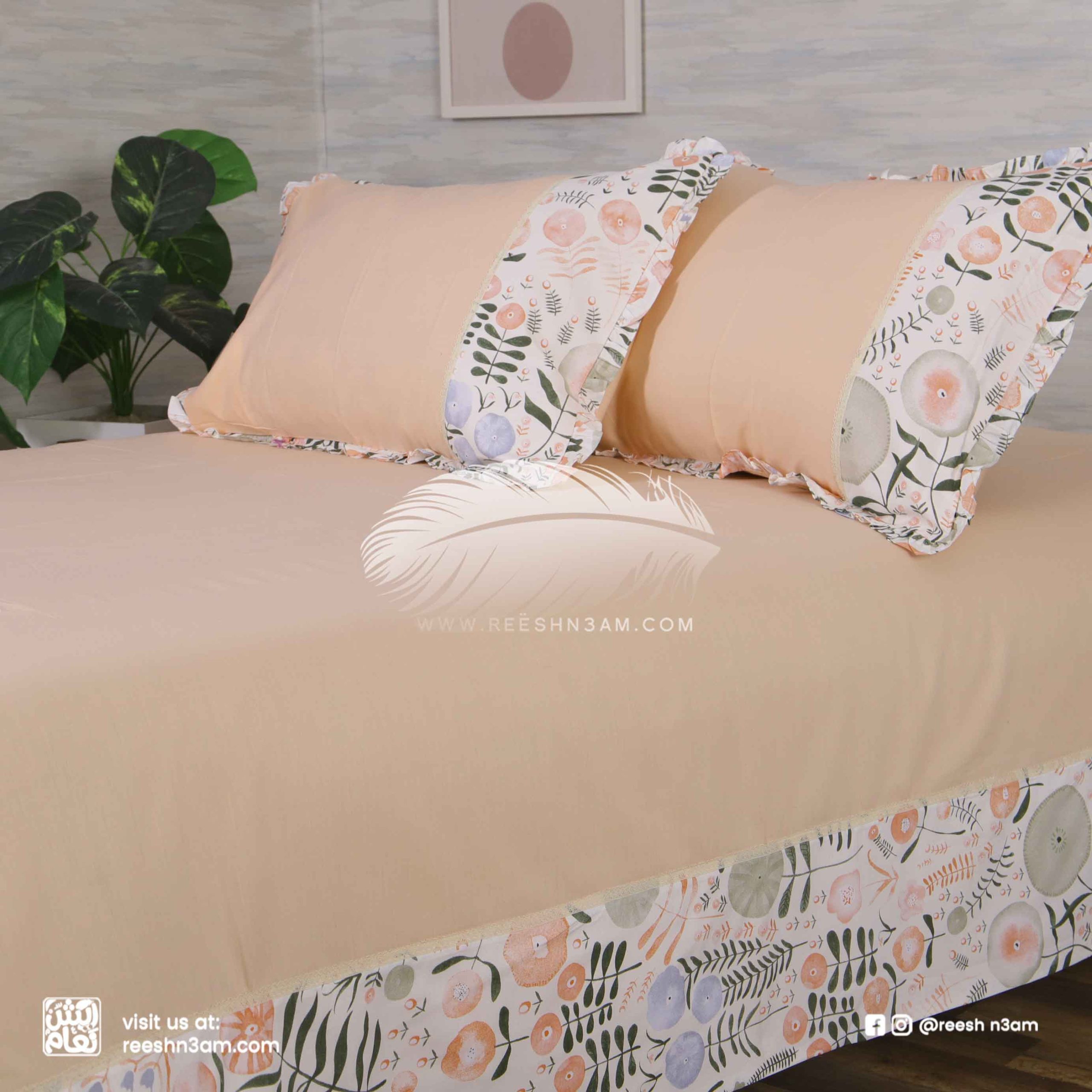 طقم سرير قطن كينج سايز مشجر من ريش نعام بتصميم فاخر وقطن طبيعي 100%